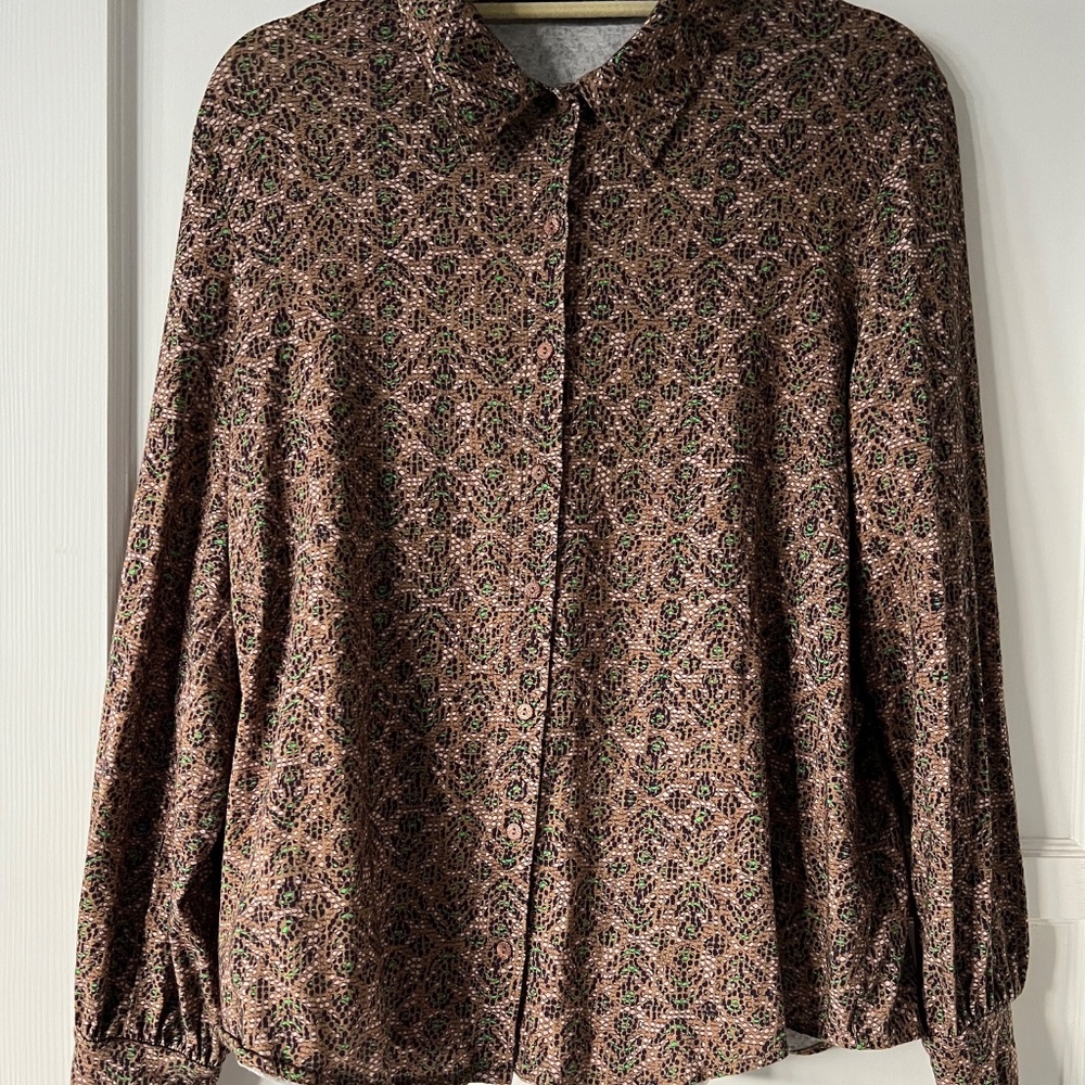 Catherine Andre Long Sleeve Chocolate Brown & Green Button Up Shirt, Blouse, Top